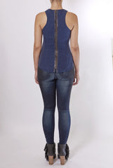 ILLIA GATHER NECK LEATHER AND LINEN TANK