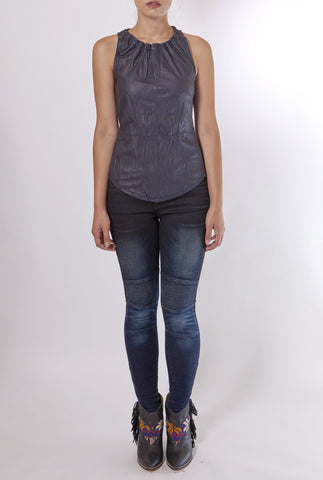 ILLIA GATHER NECK LEATHER AND LINEN TANK