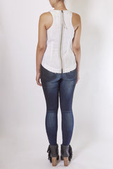 ILLIA GATHER NECK LEATHER AND LINEN TANK