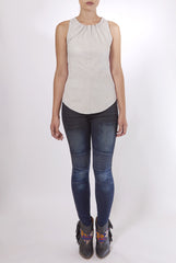 ILLIA GATHER NECK LEATHER AND LINEN TANK