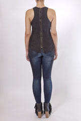 ILLIA GATHER NECK LEATHER AND LINEN TANK