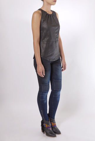 ILLIA GATHER NECK LEATHER AND LINEN TANK