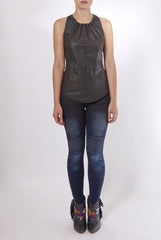 ILLIA GATHER NECK LEATHER AND LINEN TANK