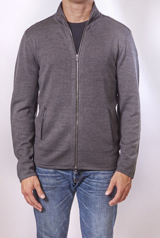 JOHN VARVATOS LEATHER TRIM ZIP SWEATER CHARCOAL